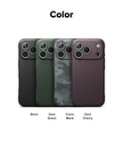iPhone 18 Pro / Pro Max Case Onyx Magnetic all-groups - Three phone cases shown on a white background under the heading 'Color', labeled Black, Dark Green, and Camo Black. Each case has a circular MagSafe ring and a camera cutout area visible.