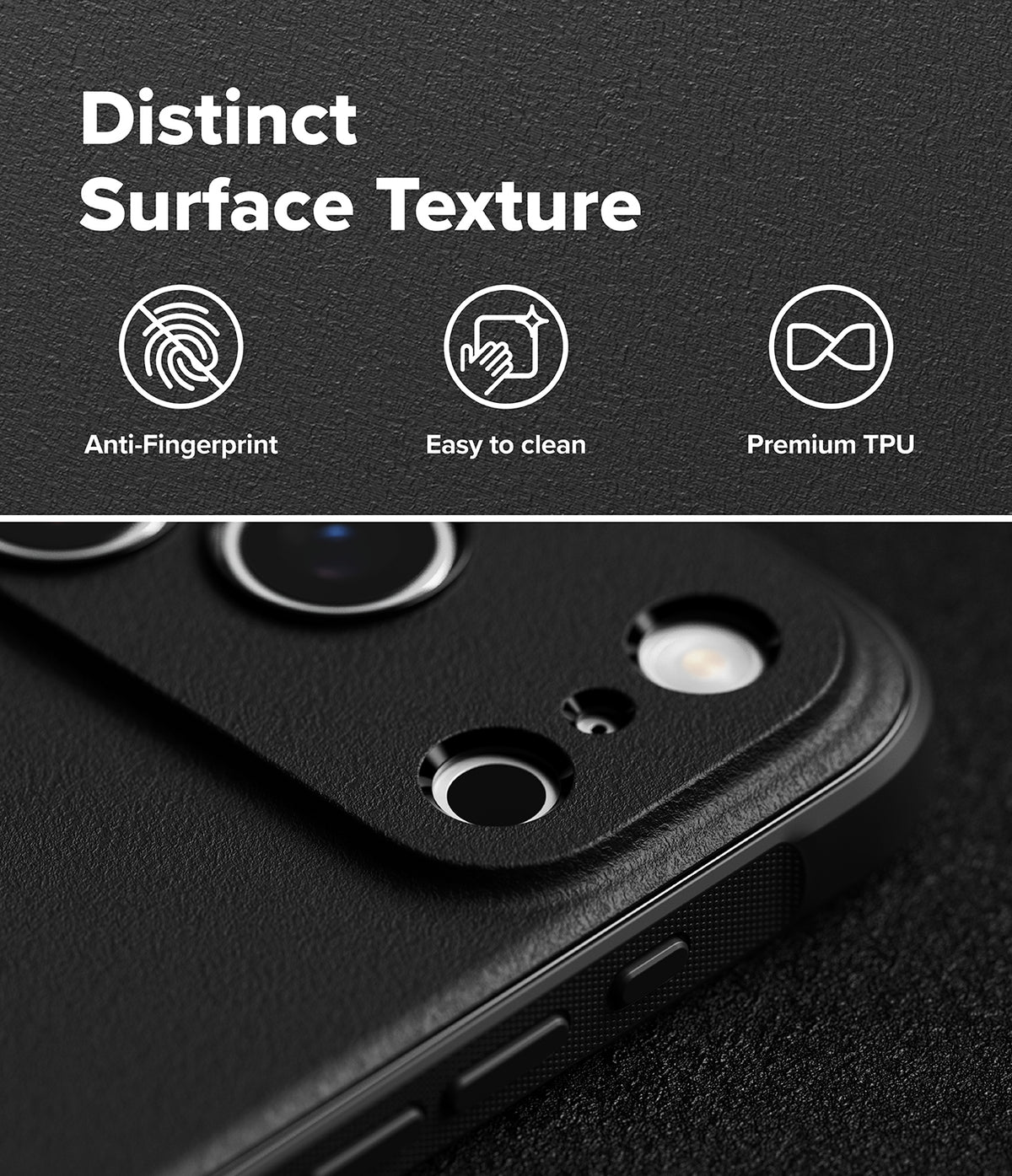 iPhone 18 Pro Max Case | Onyx Magnetic - Black textured phone case with camera cutouts, shown on a dark background with marketing text reading 'Distinct Surface Texture' and icons for anti-fingerprint, easy to clean, and premium TPU.