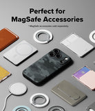 iPhone 18 Pro Max Case | Onyx Magnetic - A phone case with a dark gray and black camouflage pattern is shown in a flat-lay arrangement with various MagSafe accessories on a light gray background. Text at the top reads 'Perfect for MagSafe Accessories' with a note that MagSafe accessories are sold separately.