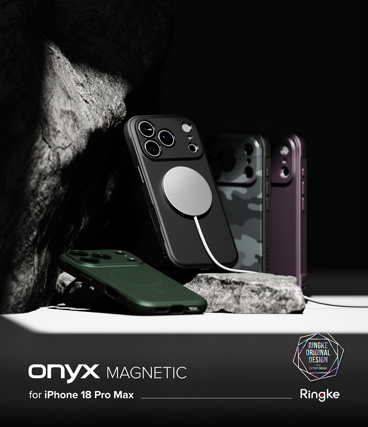 iPhone 18 Pro Max | Onyx Magnetic - A promotional product shot showing several smartphone cases on phones, with one black case prominently displaying a circular magnetic ring. The text at the bottom reads 'onyx MAGNETIC for iPhone 18 Pro Max' and includes the Ringke logo.