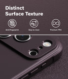iPhone 18 Pro Max | Onyx Magnetic - Close-up of a dark textured phone case with camera cutouts, shown with marketing text reading 'Distinct Surface Texture' and feature icons for anti-fingerprint, easy to clean, and premium TPU.