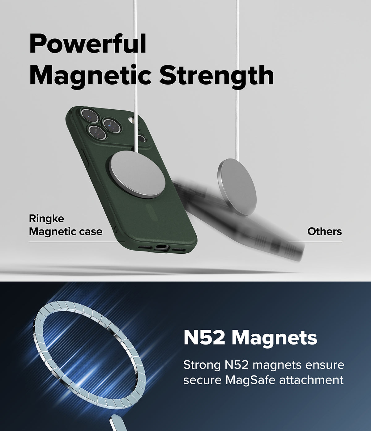 iPhone 18 Pro Max Case | Onyx Magnetic - Promotional graphic for a dark green magnetic phone case with a silver MagSafe ring, showing the case and a separate MagSafe magnet with text reading 'Powerful Magnetic Strength' and 'N52 Magnets'.