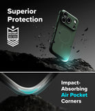 iPhone 18 Pro Max Case | Onyx Magnetic - A dark green protective phone case shown floating above a rocky surface, with marketing text reading 'Superior Protection' and 'Impact-Absorbing Air Pocket Corners.' The design includes a military impact-absorbing badge and a close-up of the curved corner area demonstrating the air pocket effect.