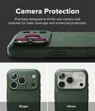 iPhone 18 Pro Max Case | Onyx Magnetic - Dark green phone case with a raised camera bumper and magSafe ring, shown with text reading 'Camera Protection' and comparison labels 'Ringke' and 'Others' on camera lenses.