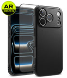 [Bundle] iPhone 18 Pro / Pro Max | Onyx + AR Protectors - A black textured phone case shown from the back, with two transparent AR-coated screen protectors positioned in front of it. A yellow circular badge in the top-left corner reads 'AR COATING'.