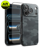 [Bundle] iPhone 18 Pro / Pro Max | Onyx + AR Protectors - A phone case set shown on a smartphone: a rear view with a dark gray and black carbon-fiber-style camouflage pattern, a front view with a transparent AR-coated screen protector, and a yellow circular 'AR COATING' badge in the top-left corner.