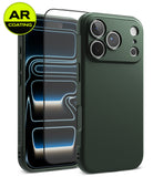 [Bundle] iPhone 18 Pro / Pro Max | Onyx + AR Protectors - Dark green textured phone case shown from the back, with a front view of a phone inside demonstrating AR-coated screen protection. A yellow and green 'AR COATING' badge is in the top-left corner.