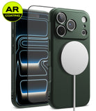 [Bundle] iPhone 18 Pro / Pro Max | Onyx Magnetic + AR Protectors - A dark green textured phone case shown with a smartphone in front and a white MagSafe ring attached to the back. A yellow circular 'AR COATING' badge appears in the top-left corner.
