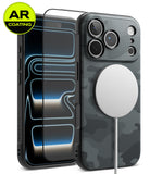 [Bundle] iPhone 18 Pro / Pro Max | Onyx Magnetic + AR Protectors - A carbon-fiber-pattern phone case with a large circular MagSafe ring, shown alongside two clear screen protectors and a yellow AR Coating badge on a white background.