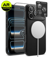 [Bundle] iPhone 18 Pro / Pro Max | Onyx Magnetic + AR Protectors - Three clear AR-coated screen protectors are shown over a black smartphone, with one protector aligned to the camera cutout. A black phone case with a MagSafe ring is also shown on the right, alongside a Ringke brand sticker and a yellow AR Coating badge.