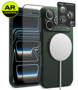 [Bundle] iPhone 18 Pro / Pro Max | Onyx Magnetic + AR Protectors - A dark green textured phone case shown with a smartphone inside, alongside two clear AR-coated screen protectors and a black Ringke camera lens protector card. The case has a white MagSafe ring attached, set against a clean white background with a yellow 'AR COATING' badge in the top-left corner.