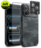 [Bundle] iPhone 18 Pro / Pro Max | Onyx + AR Protectors - A smartphone case set shown on a phone mockup against a clean white background. The product includes a black case with a dark gray carbon-fiber-style back, two clear AR-coated screen protectors, and a black camera lens protector sticker.