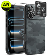 [Bundle] iPhone 18 Pro / Pro Max | Onyx + AR Protectors - A smartphone case set shown on a phone mockup against a clean white background. The product includes a black case with a dark gray carbon-fiber-style back, two clear AR-coated screen protectors, and a black camera lens protector sticker.