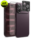 iPhone 18 Pro | Onyx + AR - A dark plum purple phone case with a textured leather-like finish, shown alongside a transparent AR-coated screen protector and a black Ringke camera lens protector sticker. The Ringke brand is clearly visible on the sticker.