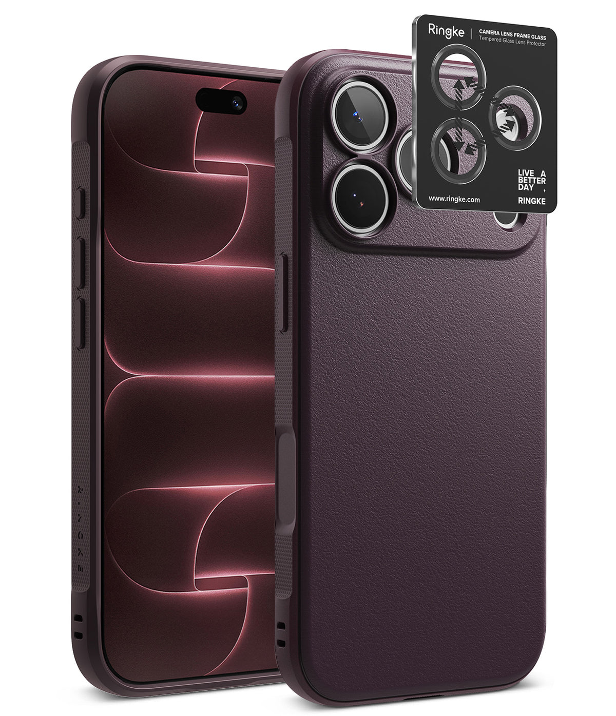 iPhone 18 Pro | Onyx + Privacy (2P) - A dark plum textured phone case shown on a smartphone from the back, alongside a black Ringke camera lens protector sticker, on a clean white background.