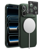 [Bundle] iPhone 18 Pro / Pro Max | Onyx Magnetic + AR Protectors - Ringke MagSafe-compatible phone case shown on a smartphone, with the back view featuring a large circular MagSafe ring and camera cutouts, alongside a black Ringke card and a phone displaying a blue-black wallpaper.