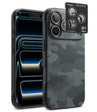[Bundle] iPhone 18 Pro / Pro Max | Onyx + AR Protectors - Ringke camera lens protector set shown on a smartphone, featuring a dark gray carbon-fiber-texture camo pattern on the back cover and a black protective lens sticker with three circular cutouts, displayed against a clean white background.
