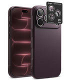 iPhone 18 Pro Max | Onyx + Screen (2P) - A dark plum textured phone case shown on a smartphone from the back, alongside a black Ringke camera lens protector sticker, on a clean white background.