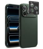 [Bundle] iPhone 18 Pro / Pro Max | Onyx + AR Protectors - A dark green textured phone case shown on a smartphone, with a black Ringke camera lens protector sticker applied to the rear camera module. The image is set against a clean white background.