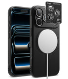[Bundle] iPhone 18 Pro / Pro Max | Onyx Magnetic + AR Protectors - Ringke MagSafe-compatible phone case shown on a smartphone, with the back view featuring a large circular MagSafe ring and camera cutouts, alongside a black Ringke card and a phone displaying a blue-black wallpaper.