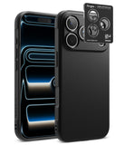 [Bundle] iPhone 18 Pro / Pro Max | Onyx + Privacy Protectors - A black textured phone case shown from the back, with a smartphone inserted to demonstrate fit. A small branded sticker card for Ringke is placed near the camera cutout area.