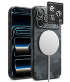 [Bundle] iPhone 18 Pro / Pro Max | Onyx Magnetic + Privacy Protectors - A Ringke iPhone case shown from the back and side, featuring a dark gray carbon fiber texture with a black camouflage pattern. The image includes a black Ringke camera lens protector sticker and a white MagSafe ring on a white background.