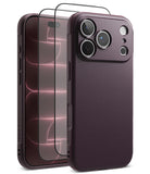 iPhone 18 Pro | Onyx + Screen (2P) - A dark plum purple textured phone case shown from the back, with a matching clear tempered glass screen protector displayed in front on a white background.