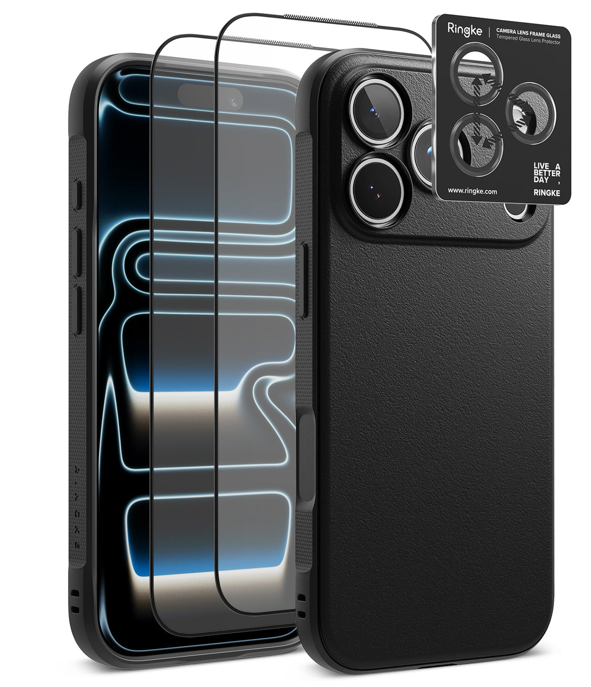 [Bundle] iPhone 18 Pro / Pro Max | Onyx + Protectors - A black textured phone case shown from the back, with two transparent screen protectors floating in front and a small Ringke camera lens protector card overlaid at the top right, on a clean white background.