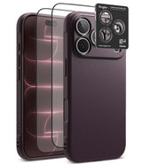 iPhone 18 Pro | Onyx + Screen (2P) - Ringke camera lens protector set shown on a smartphone case, with a clear protective film overlay and a black branded card displaying camera lens protection details.