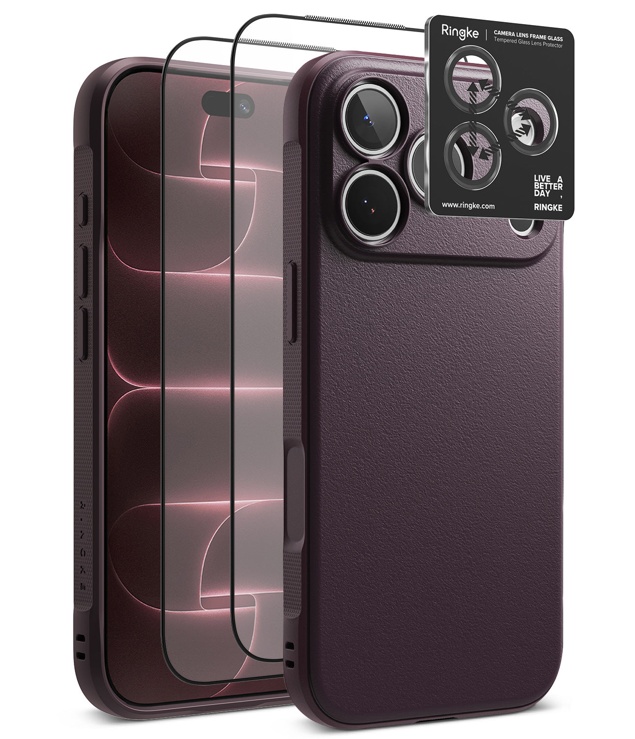 iPhone 18 Pro Max | Onyx + Screen (2P) - Ringke camera lens protector set shown on a smartphone case, with a clear protective film overlay and a black branded card displaying camera lens protection details.