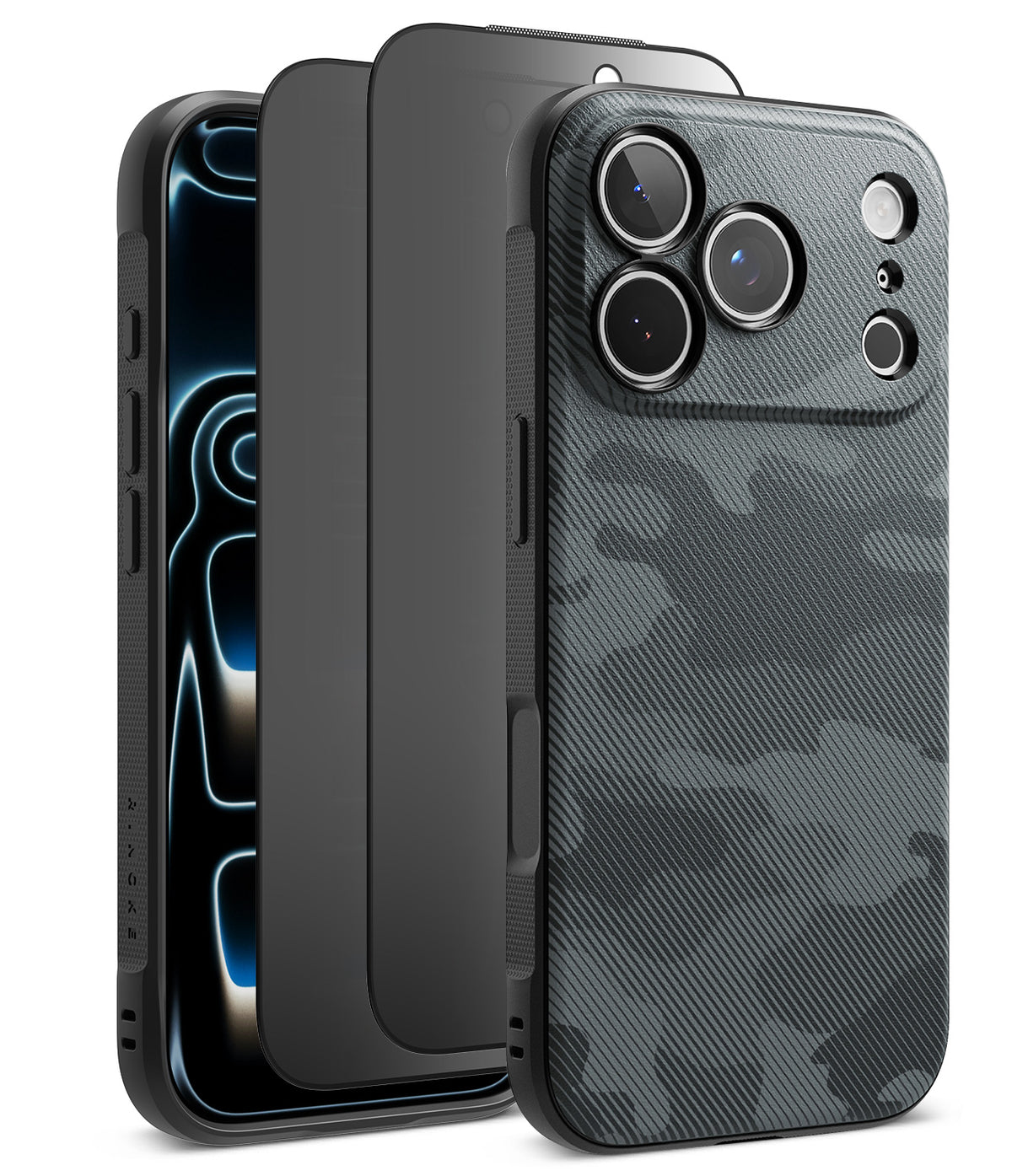 [Bundle] iPhone 18 Pro / Pro Max | Onyx + Privacy Protectors - Three views of a rugged smartphone case on a white background, showing the front bumper, back panel, and a close-up of the textured dark gray and black camouflage-style back with camera cutouts.