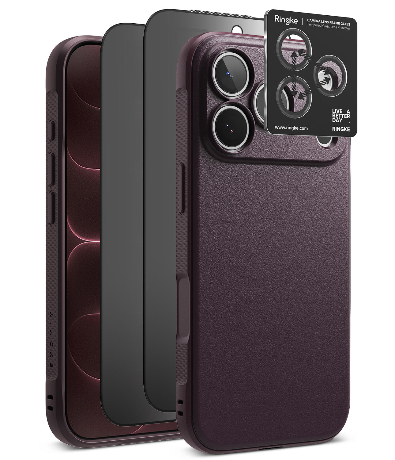 iPhone 18 Pro | Onyx + Privacy (2P) - Three Ringke phone cases in different colors (dark burgundy, matte black, and textured dark purple) are displayed alongside a black lens protector sticker on a clean white background.