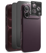 iPhone 18 Pro | Onyx + Privacy (2P) - Three Ringke phone cases in different colors (dark burgundy, matte black, and textured dark purple) are displayed alongside a black lens protector sticker on a clean white background.
