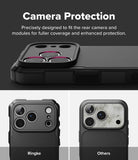 iPhone 18 Pro / Pro Max Case Rugged Gear all-groups - A promotional graphic for a phone camera protection case. The top section shows a black camera protection module fitted onto a phone back, with text reading 'Camera Protection' and a subtitle about precise fit and enhanced protection.