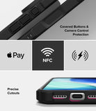 iPhone 18 Pro Max Case | Rugged Gear - A rugged black phone case shown in a multi-panel infographic highlighting its features: covered buttons and camera control protection, compatibility with Apple Pay and NFC, and precise cutouts for the charging port and speaker.