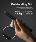 iPhone 18 Pro Max Case | Rugged Gear - A hand holds a slim black protective phone case against a dark gray background, with text reading 'Outstanding Grip' and details about weight 49.9g and thickness 2.