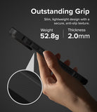 iPhone 18 Pro / Pro Max Case Rugged Gear Magnetic all-groups - A hand holds a slim black protective phone case against a dark gray background, with marketing text reading 'Outstanding Grip' and a circular inset showing the textured grip detail. The text also lists weight as 52.