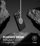 iPhone 18 Pro Max Case | Rugged Gear Magnetic - A black rugged phone case with a circular magnetic ring is shown floating between dark rock formations. The text at the bottom reads 'RUGGED GEAR MAGNETIC for iPhone 18 Pro Max' with the Ringke logo in the lower right.