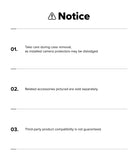 iPhone 18 Pro Max Case | Rugged Gear Magnetic - A white notice sheet with black text and lines, headed 'Notice' with a warning icon. The text lists three points about camera protector removal, sold accessories, and third-party product compatibility.