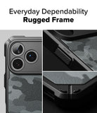 iPhone 18 Pro Max Case | Rugged Gear Magnetic - A dark gray and black rugged phone case with a subtle gray camouflage pattern, shown in a three-panel collage highlighting its camera cutout, corner bumpers, and textured backplate. The top of the image features the text 'Everyday Dependability Rugged Frame'.