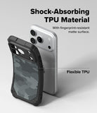 iPhone 18 Pro Max Case | Rugged Gear Magnetic - A black and gray camouflage phone case shown in front of a silver smartphone on a light gray background, with marketing text reading 'Shock-Absorbing TPU Material' and 'Flexible TPU'.