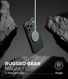 iPhone 18 Pro Max Case | Rugged Gear Magnetic - A dark green rugged phone case with a circular magnetic ring, shown floating against a dramatic rocky background. Text at the bottom reads 'RUGGED GEAR MAGNETIC for iPhone 18 Pro Max' with the Ringke logo.
