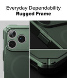 iPhone 18 Pro Max Case | Rugged Gear Magnetic - A dark green rugged phone case with a textured finish and reinforced camera cutout, shown in a three-panel collage with the text 'Everyday Dependability Rugged Frame' at the top.