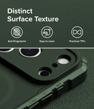 iPhone 18 Pro Max Case | Rugged Gear Magnetic - Dark green rugged phone case with a raised camera bezel, shown close-up on a matching textured background. The top portion includes marketing text reading 'Distinct Surface Texture' with icons for anti-fingerprint, easy to clean, and premium TPU.