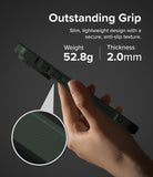 iPhone 18 Pro Max Case | Rugged Gear Magnetic - A hand holds a slim black protective phone case against a dark gray background, with marketing text reading 'Outstanding Grip' and a circular inset showing the textured grip detail. The text also lists weight as 52.