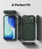 iPhone 18 Pro Max Case | Rugged Gear Magnetic - A dark green rugged phone case shown from multiple angles on a light gray background, with the text 'A Perfect Fit' at the top. The views include the front with a smartphone inserted, the back, side profiles, and a bottom view showing the charging port opening.
