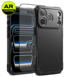 [Bundle] iPhone 18 Pro / Pro Max | Rugged Gear + AR Protectors - Black rugged phone case with a raised camera cutout, shown alongside a transparent screen protector and a yellow AR Coating badge on a white background.