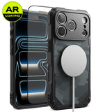 [Bundle] iPhone 18 Pro / Pro Max | Rugged Gear Magnetic + AR Protectors - A black rugged phone case with a carbon fiber-style textured back, shown alongside a clear AR-coated screen protector and a white MagSafe-compatible ring. A yellow circular 'AR COATING' badge is in the top-left corner.