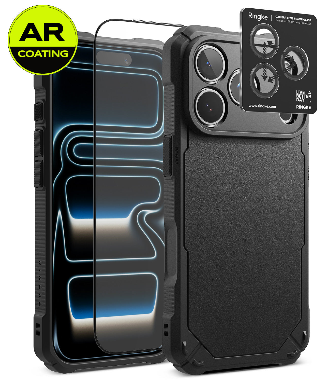 [Bundle] iPhone 18 Pro / Pro Max | Rugged Gear + AR Protectors - Black rugged phone case with a raised camera bezel, shown alongside two clear AR-coated screen protectors and a Ringke camera lens protector sticker on a white background.