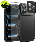 [Bundle] iPhone 18 Pro / Pro Max | Rugged Gear + AR Protectors - Black rugged phone case with a raised camera bezel, shown alongside two clear AR-coated screen protectors and a Ringke camera lens protector sticker on a white background.